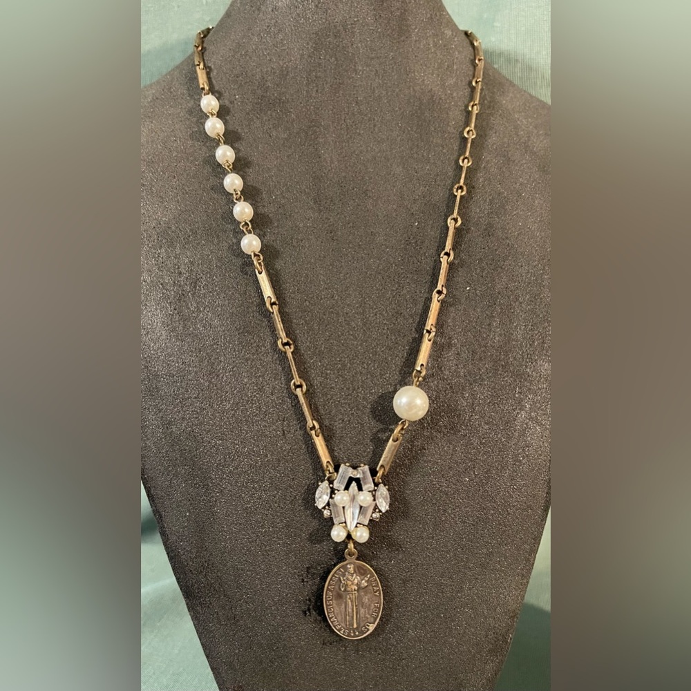 Assemblage Necklace with Pearl Beads with St Francis of Assisi Pendant